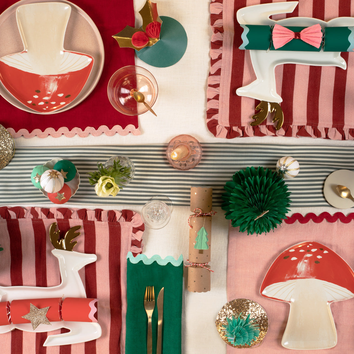 Our green, pink and red fabric napkins, with ric rac details, are perfect for Christmas tableware.