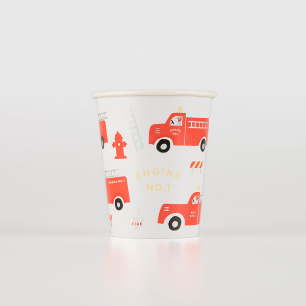 Our paper cups, with fire truck designs, are perfect for serving party drinks at a firefighter party.