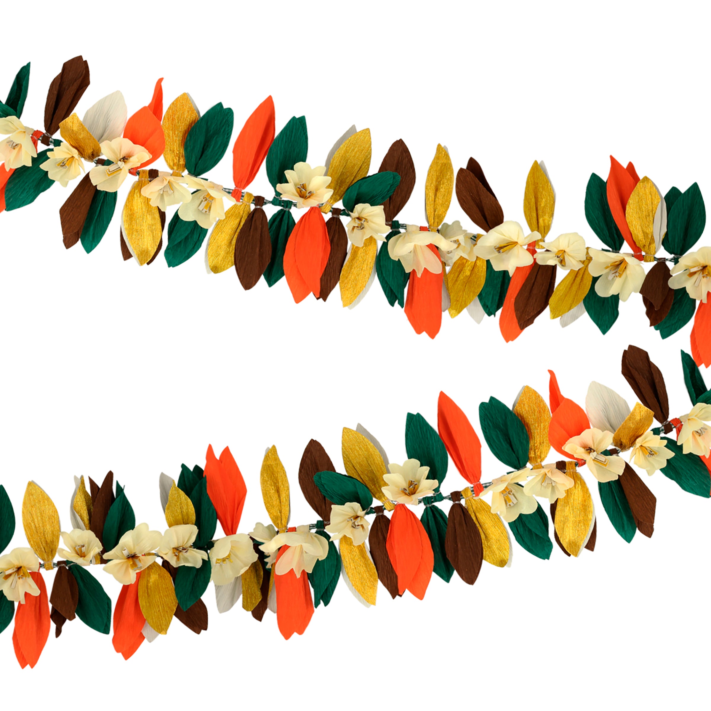 This paper flower garland, with paper leaves, makes a stunning autumn party decoration idea.