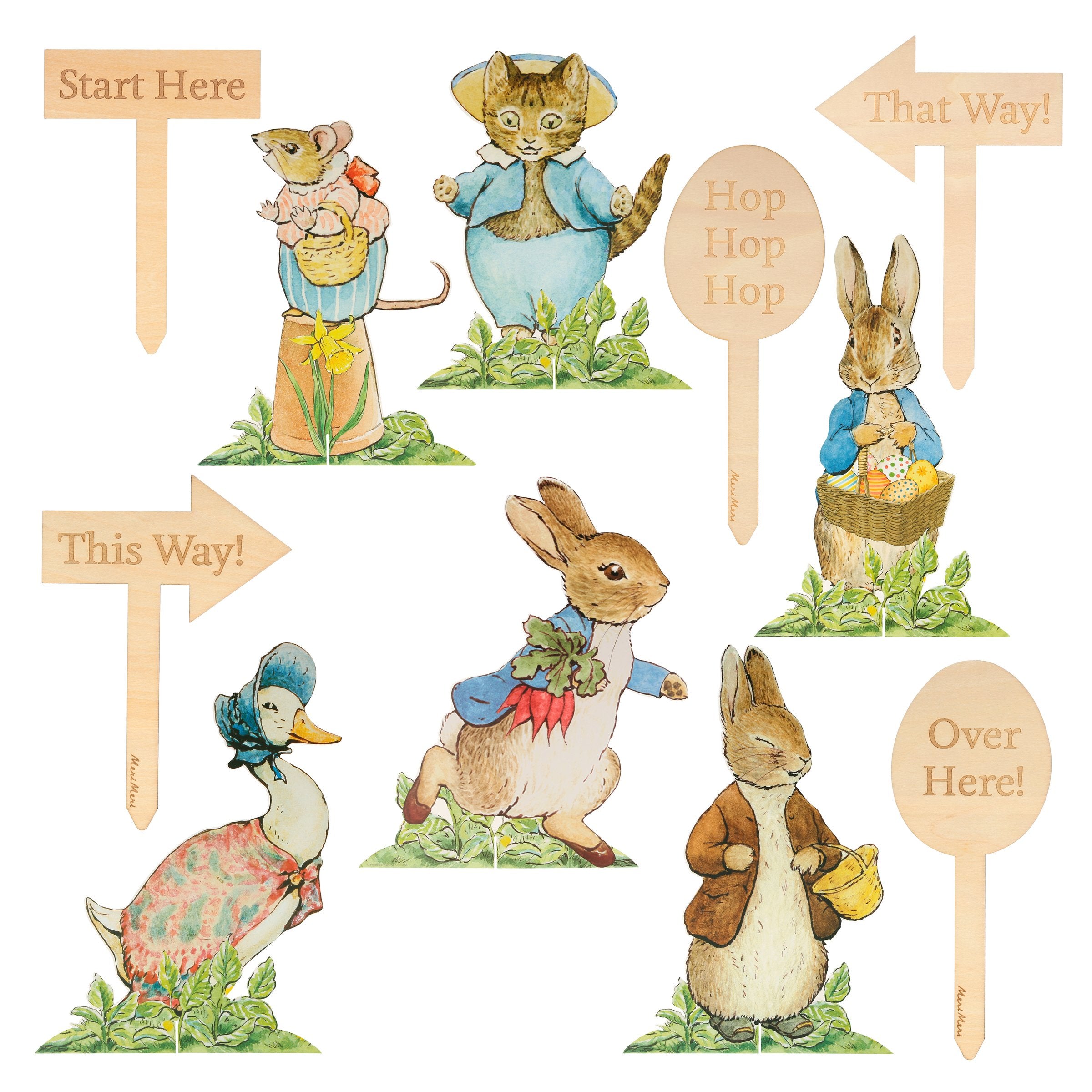 This Easter egg hunt set includes 6 charming characters and 6 etched wooden stakes