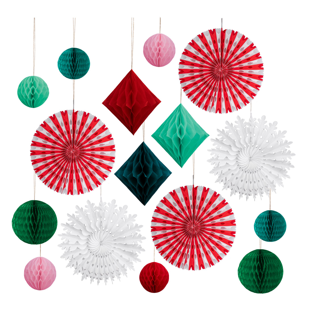 Our honeycomb Christmas decorations kit has 16 special designs in bright colours.