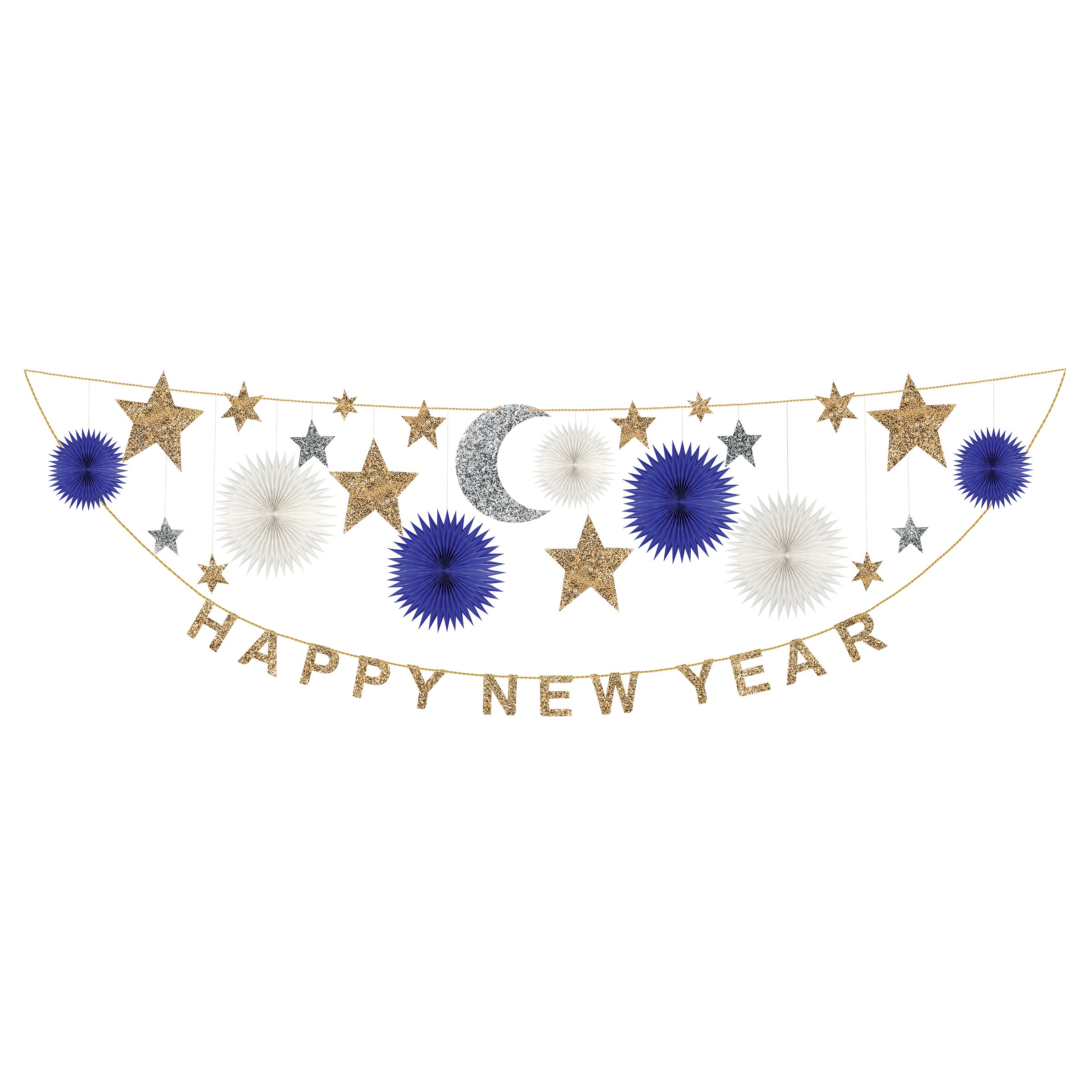 If you're looking for New Years party ideas you'll love our special party garland with silver and gold glitter and 3D stars.