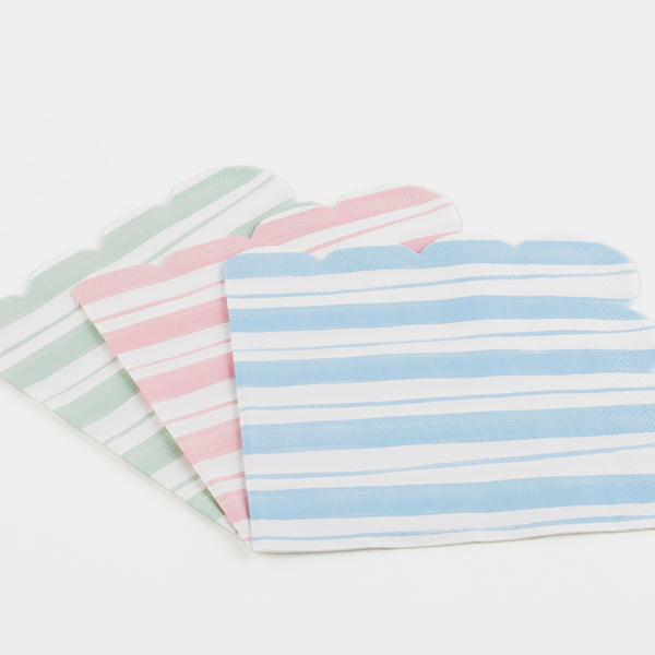 Our party napkins feature a striped ticking design in blue, pink and green. Image2