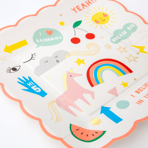 These delightful plates, with neon print and gold foil detail, are perfect for a unicorn birthday party. Image2