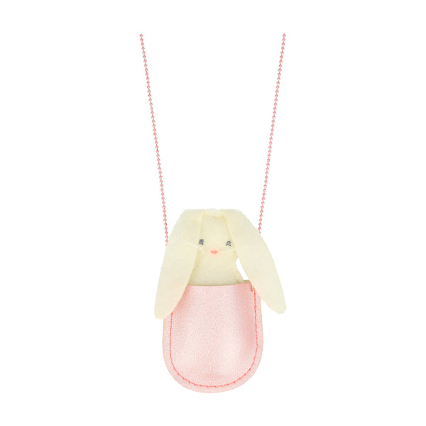 This pretty necklace features a padded felt bunny, sitting in a glittery pink leatherette pocket, with a pink bead chain. Image5