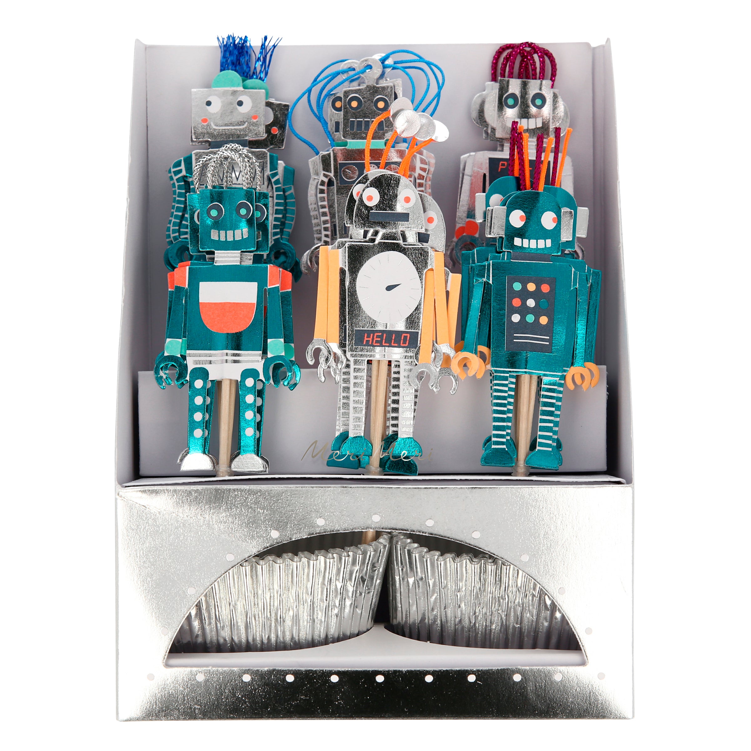 Our special kit includes silver foil cupcake cases and shiny foil cake toppers, perfect for a robot birthday party or space birthday party.