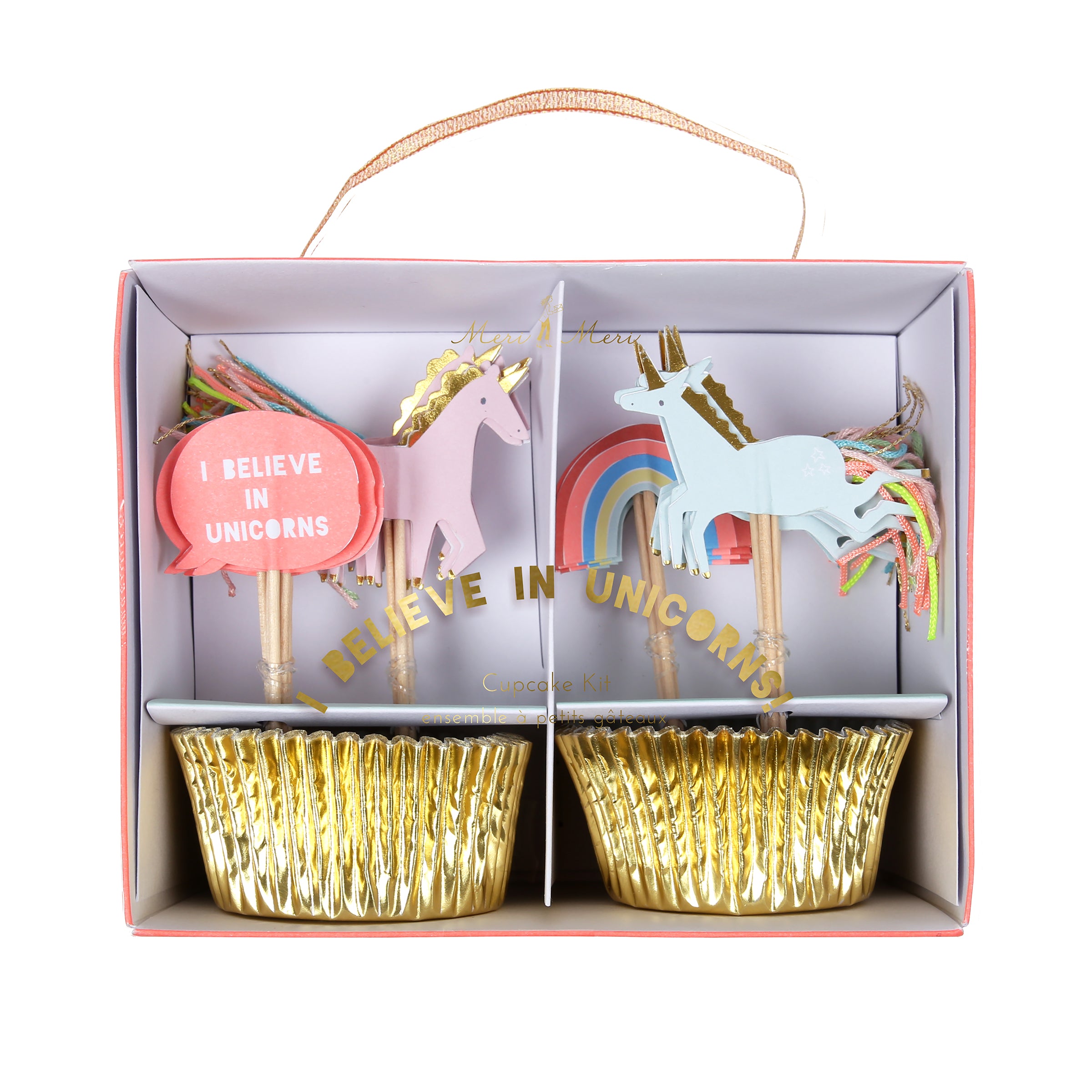 The kit includes shiny gold cupcake cases and rainbow and unicorn toppers, beautifully embellished with thread and gold foil.