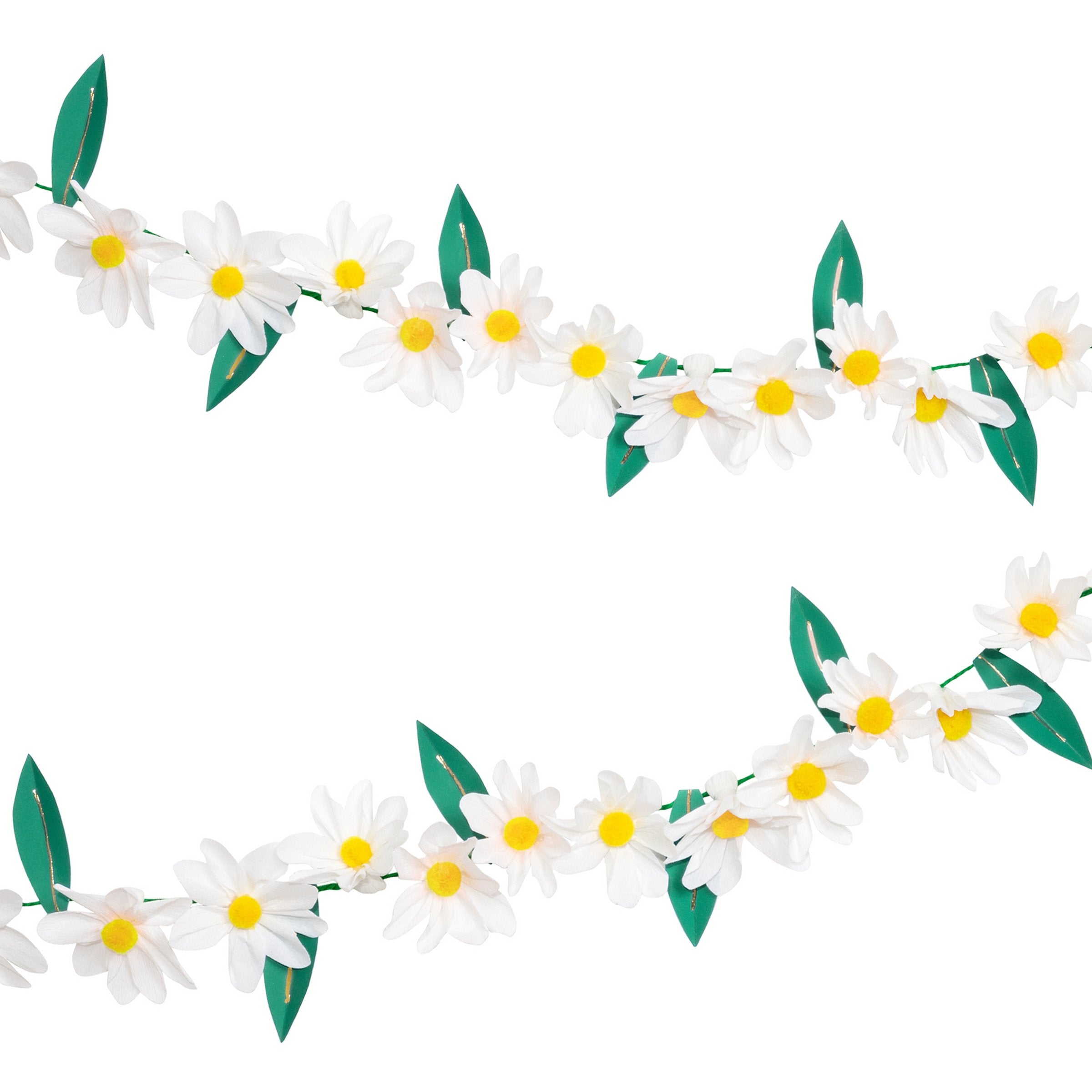 The garland features crepe paper daisies and 3D paper leaves with a gold foil shimmer.