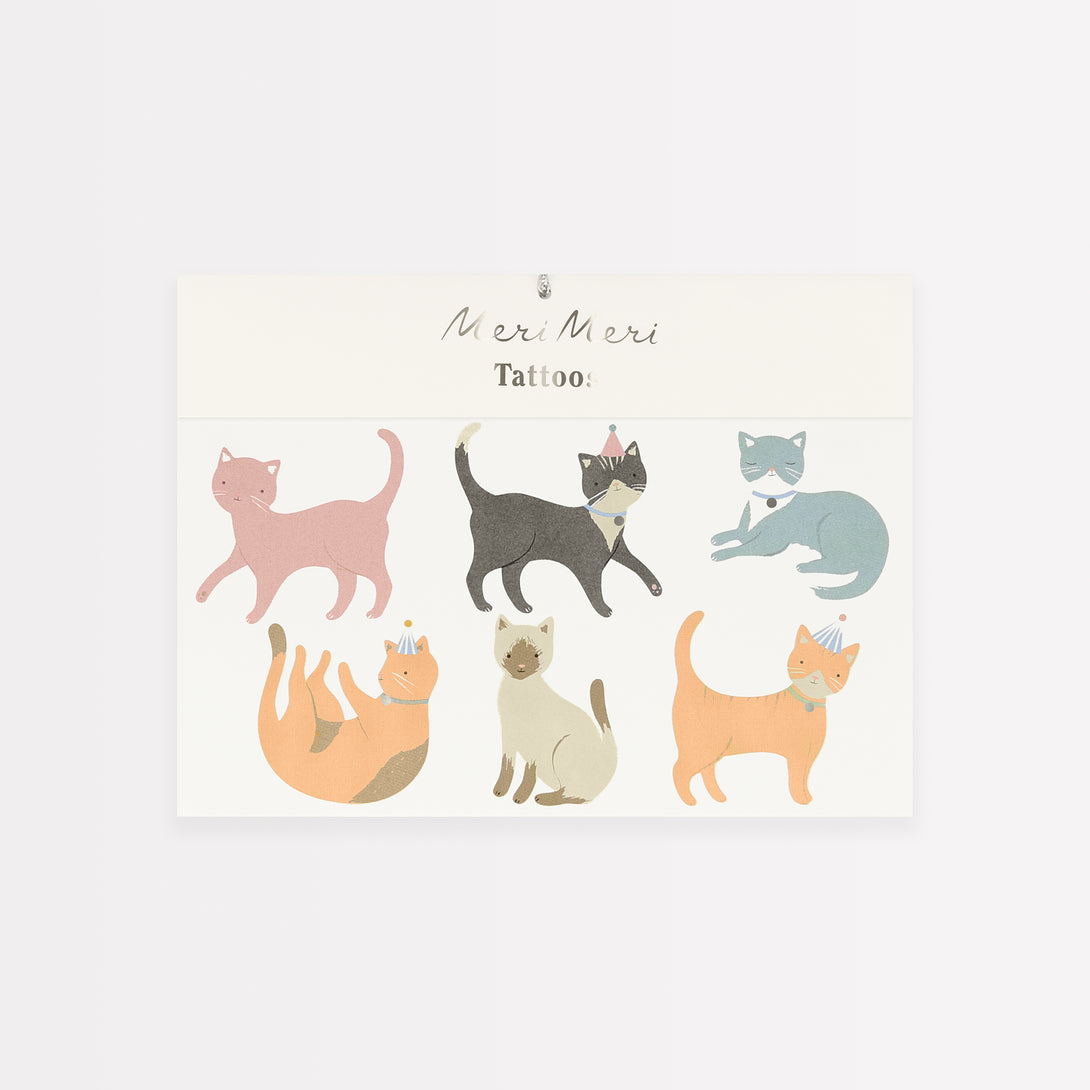 Our kids temporary tattoos feature pastel cats with shiny gold foil details.