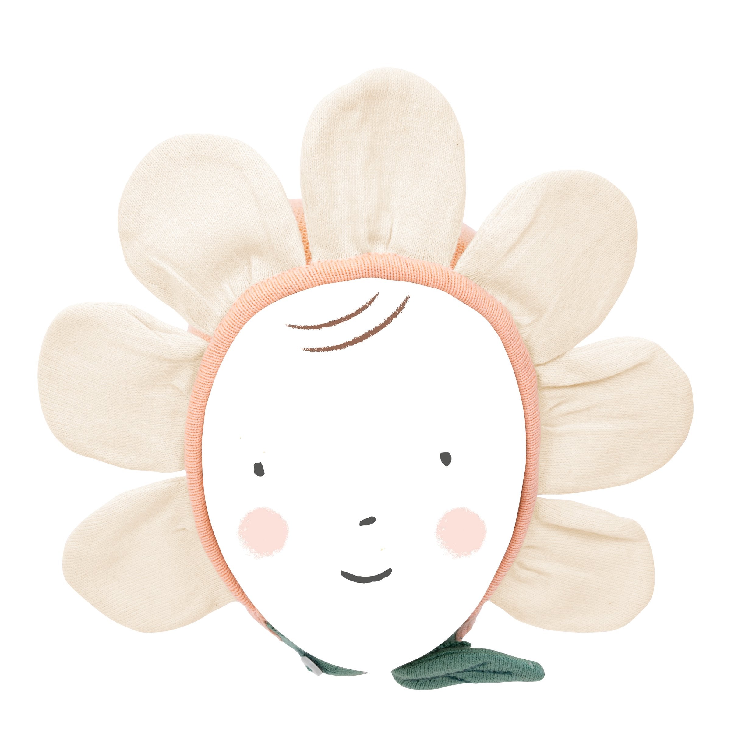 This peach daisy baby bonnet is crafted from organic cotton, with cream petals, green leaf detail and ivory coloured buttons.