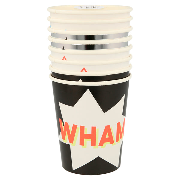 Our party cups, with comic book words, are ideal for a kids birthday party with a superhero theme. Image8