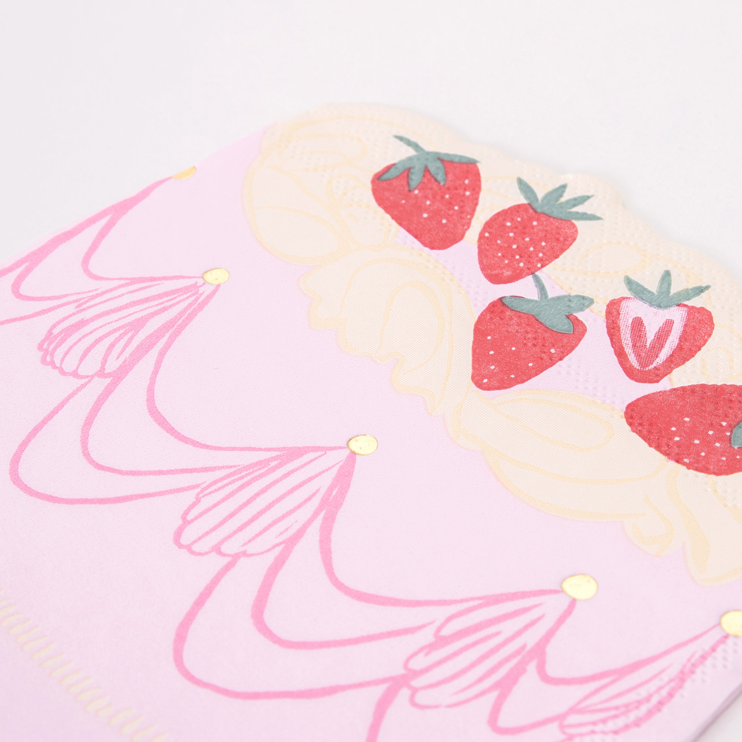 Our party napkins, large napkins in the shape of a strawberry cake, are ideal to add to your birthday party supplies or for garden parties.