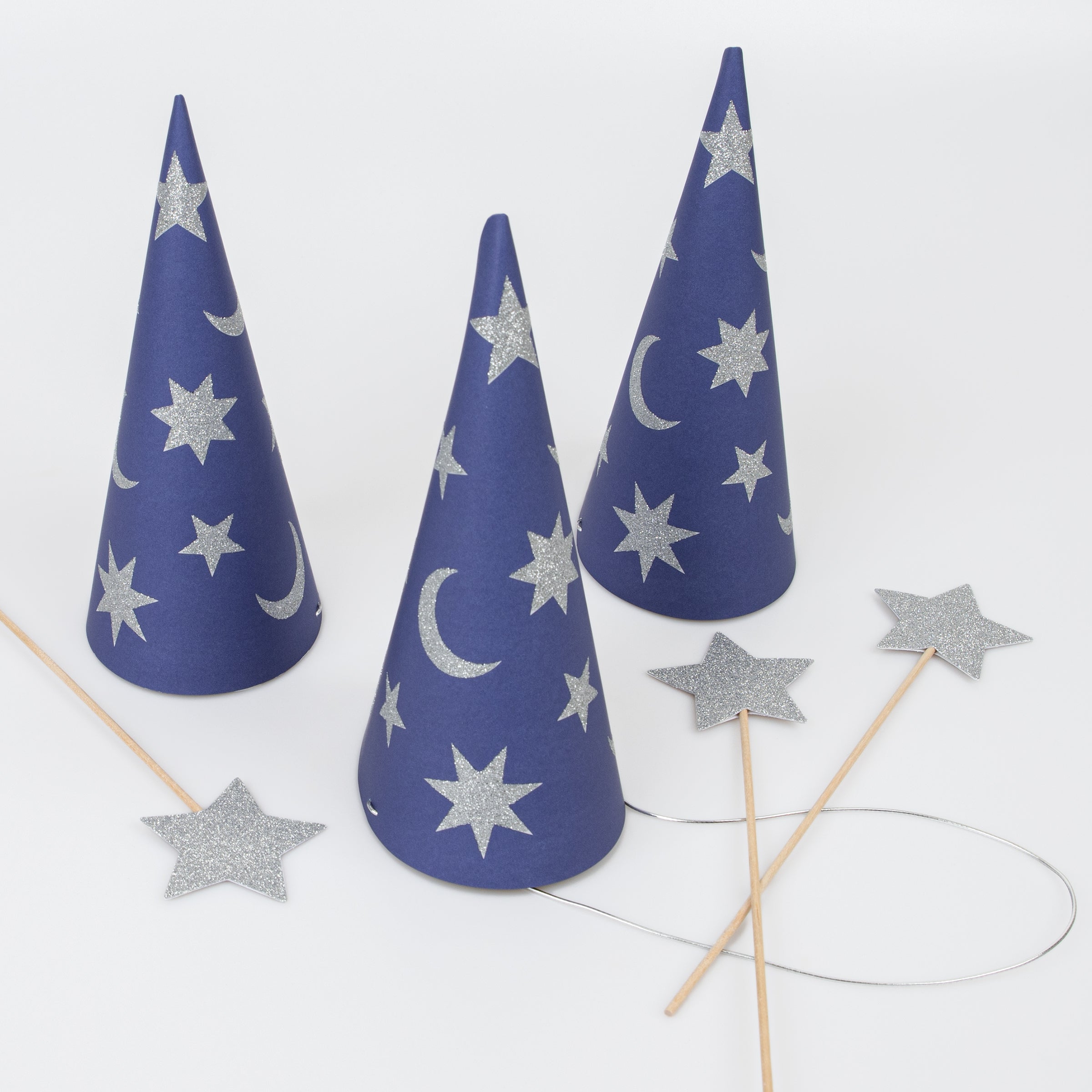 Our blue party hats, in the shape of a wizards hat, match perfectly with our wizard wands.