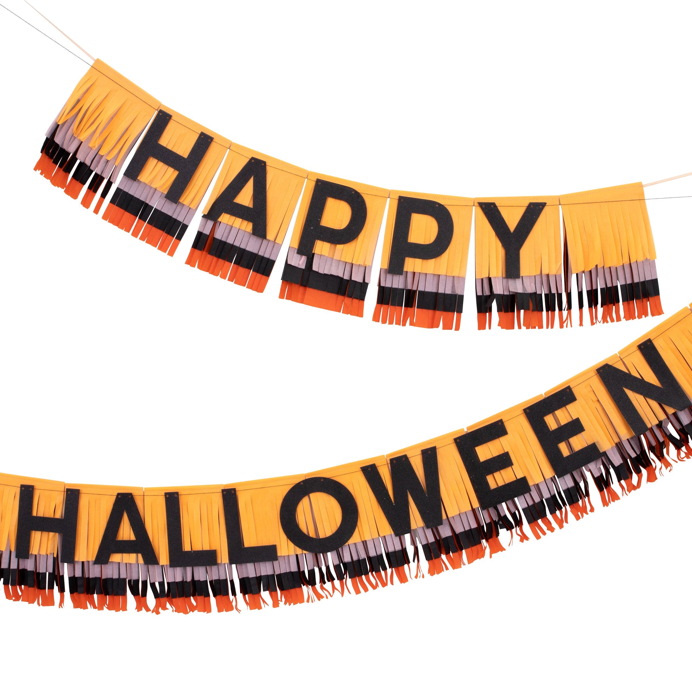 Our fringed paper garland, with Happy Halloween wording, is the perfect Halloween party decoration.