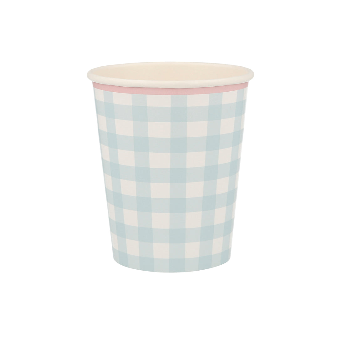 Our paper cups, with a classic gingham print, are perfect as picnic cups.