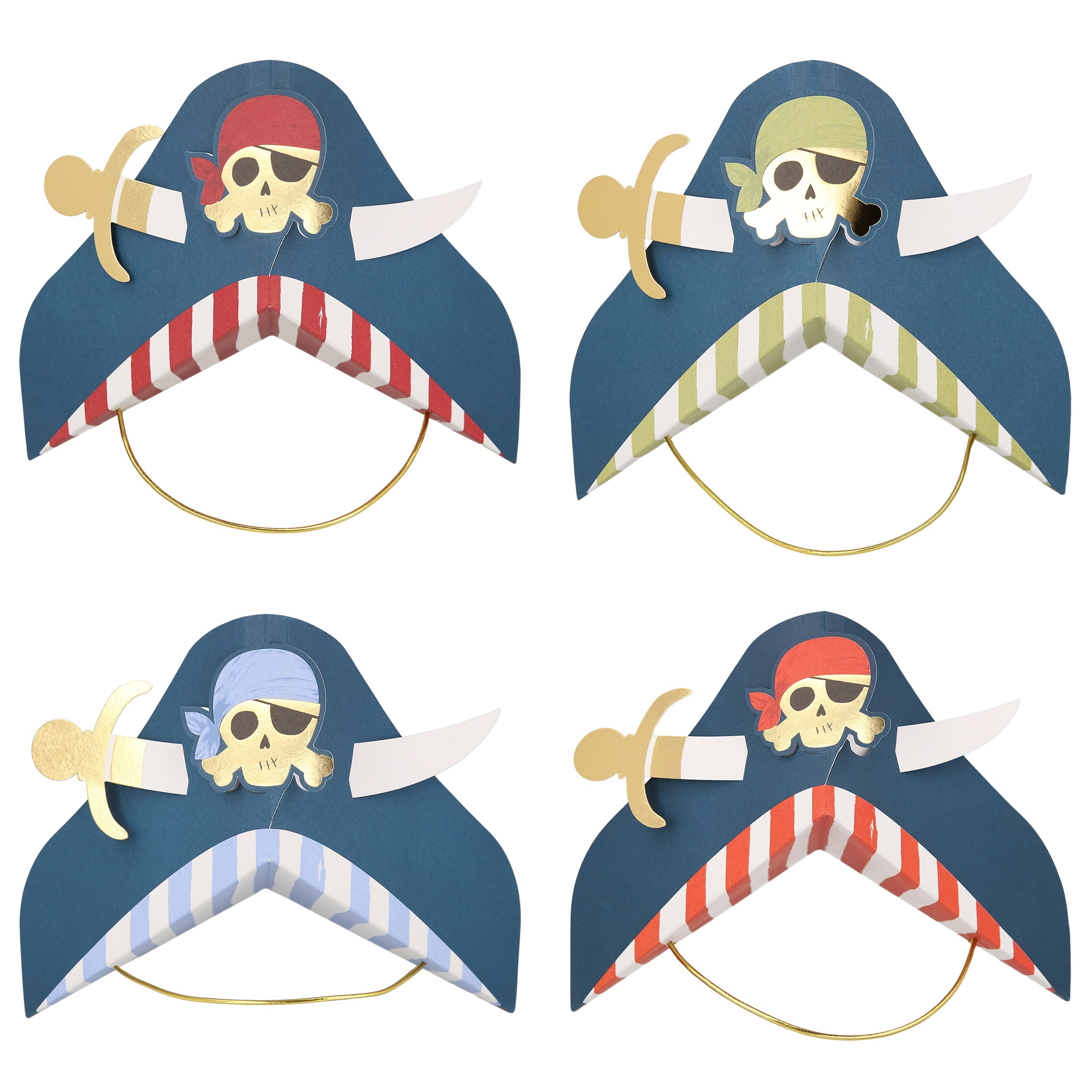 Our pirate hats, with skulls and crossbones and swords, are really special party hats for a pirate party.
