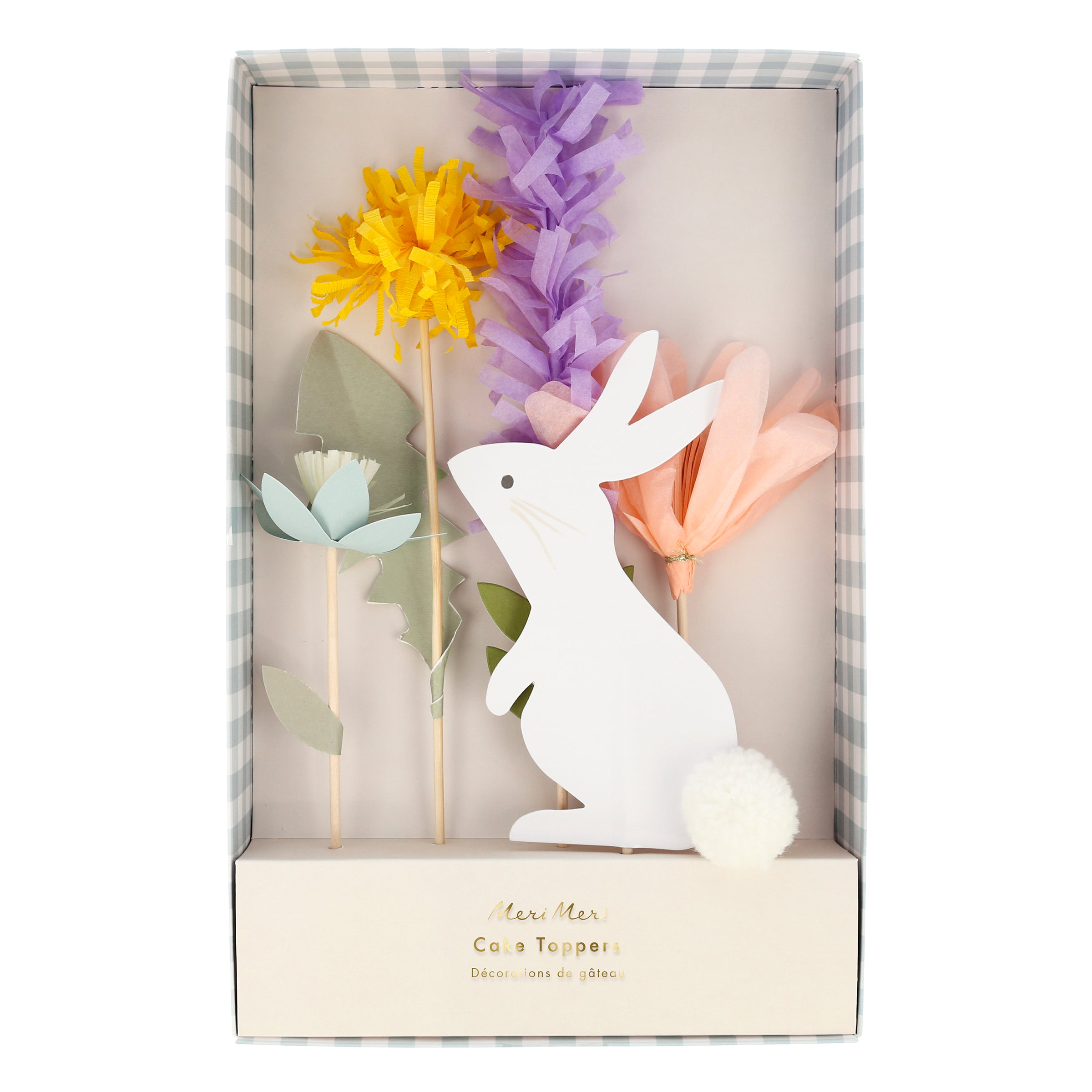 Our bunny cake topper has a delightful pompom tail, and teamed with flower cake toppers, this set will make your Easter cake look amazing.