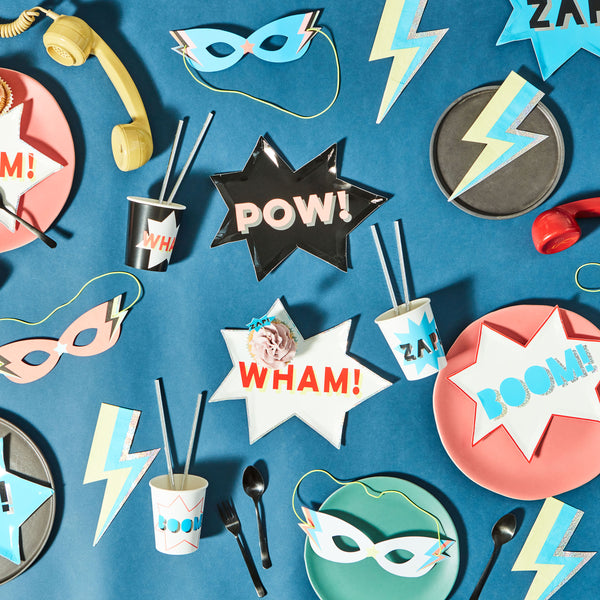 Our party cups, with comic book words, are ideal for a kids birthday party with a superhero theme. Image2