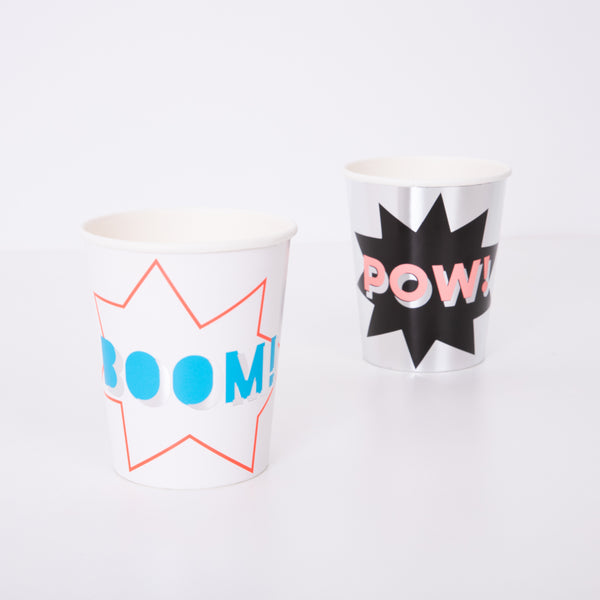 Our party cups, with comic book words, are ideal for a kids birthday party with a superhero theme. Image3