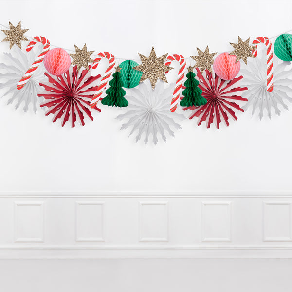 Our Christmas paper garland has 3D honeycomb decorations, stars and Christmas trees. Image6