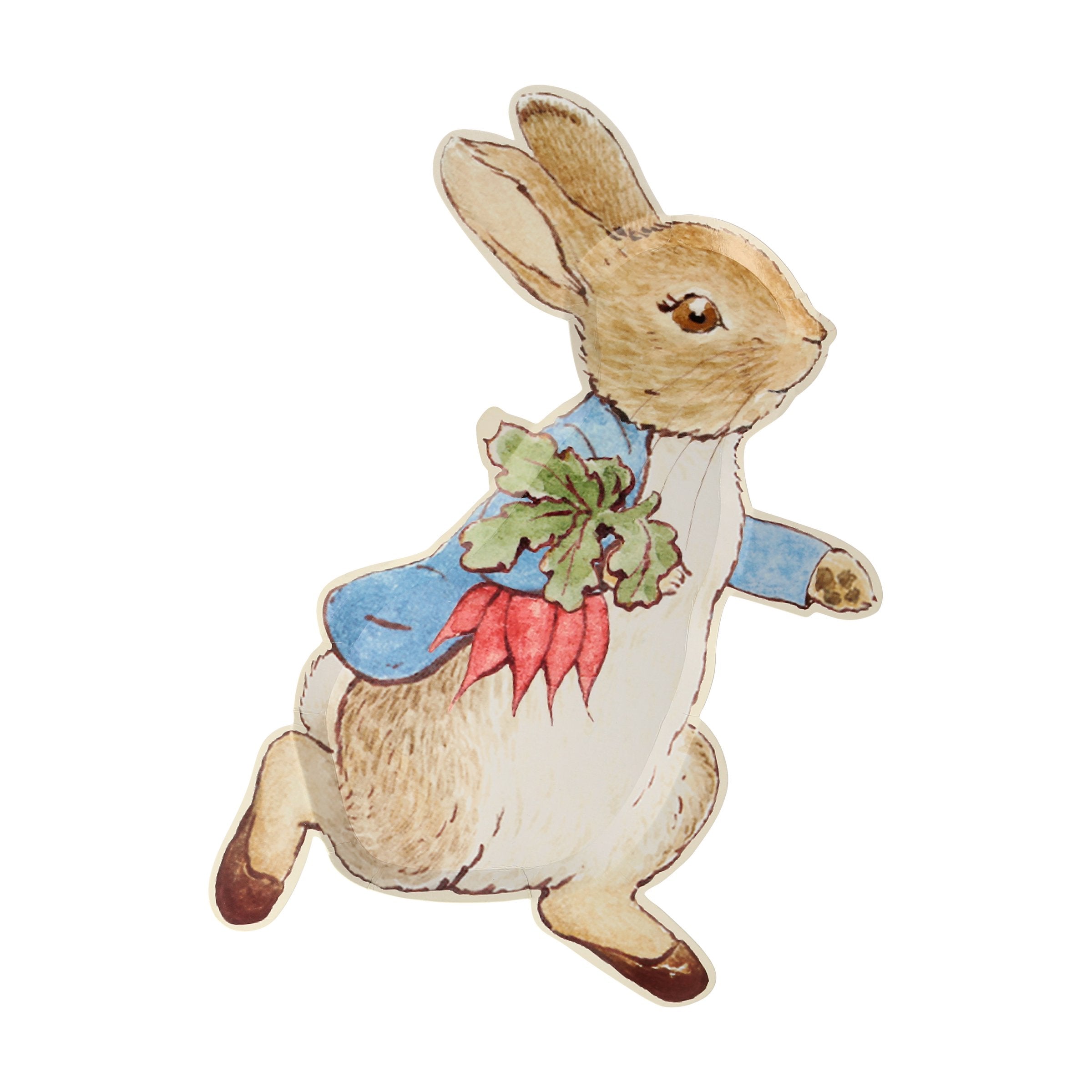 These plates are crafted from high quality paper, in the shape of Peter Rabbit clutching a handful of radishes.