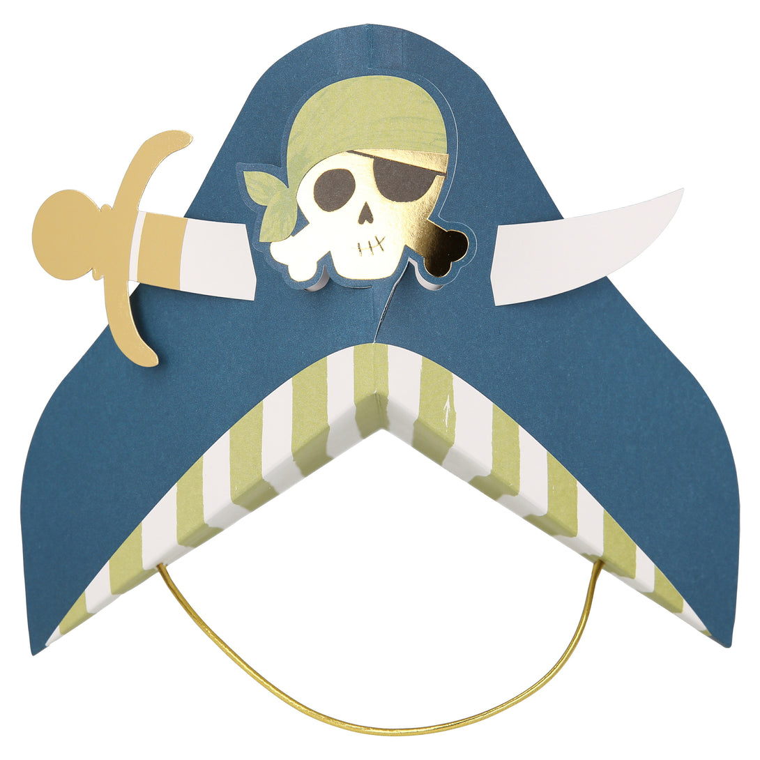 Our pirate hats, with skulls and crossbones and swords, are really special party hats for a pirate party.