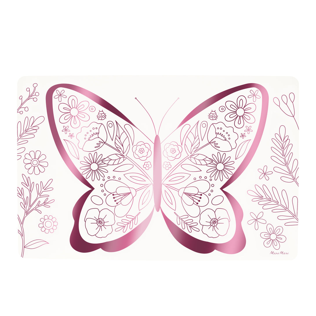 Our colouring placemats with pink foil butterfly and flower illustrations are perfect for a princess party or butterfly party.