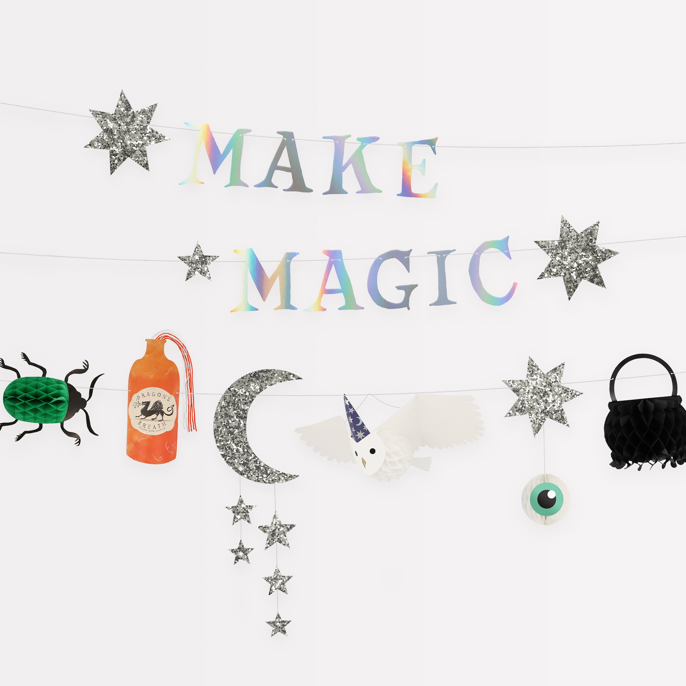 This special party garland is perfect for a wizard party, witch party, magic party or to add to Halloween party supplies.