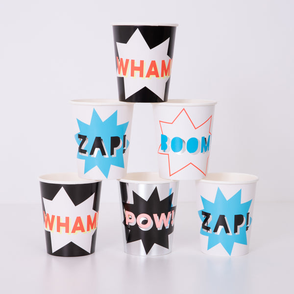 Our party cups, with comic book words, are ideal for a kids birthday party with a superhero theme. Image1