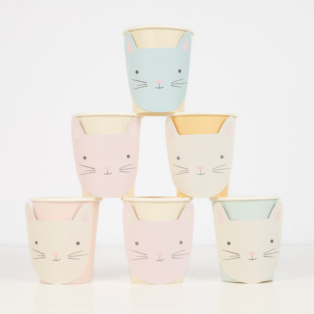 These pastel cups are perfect for party drinks for kids, kids party decorations or for a cat birthday party.