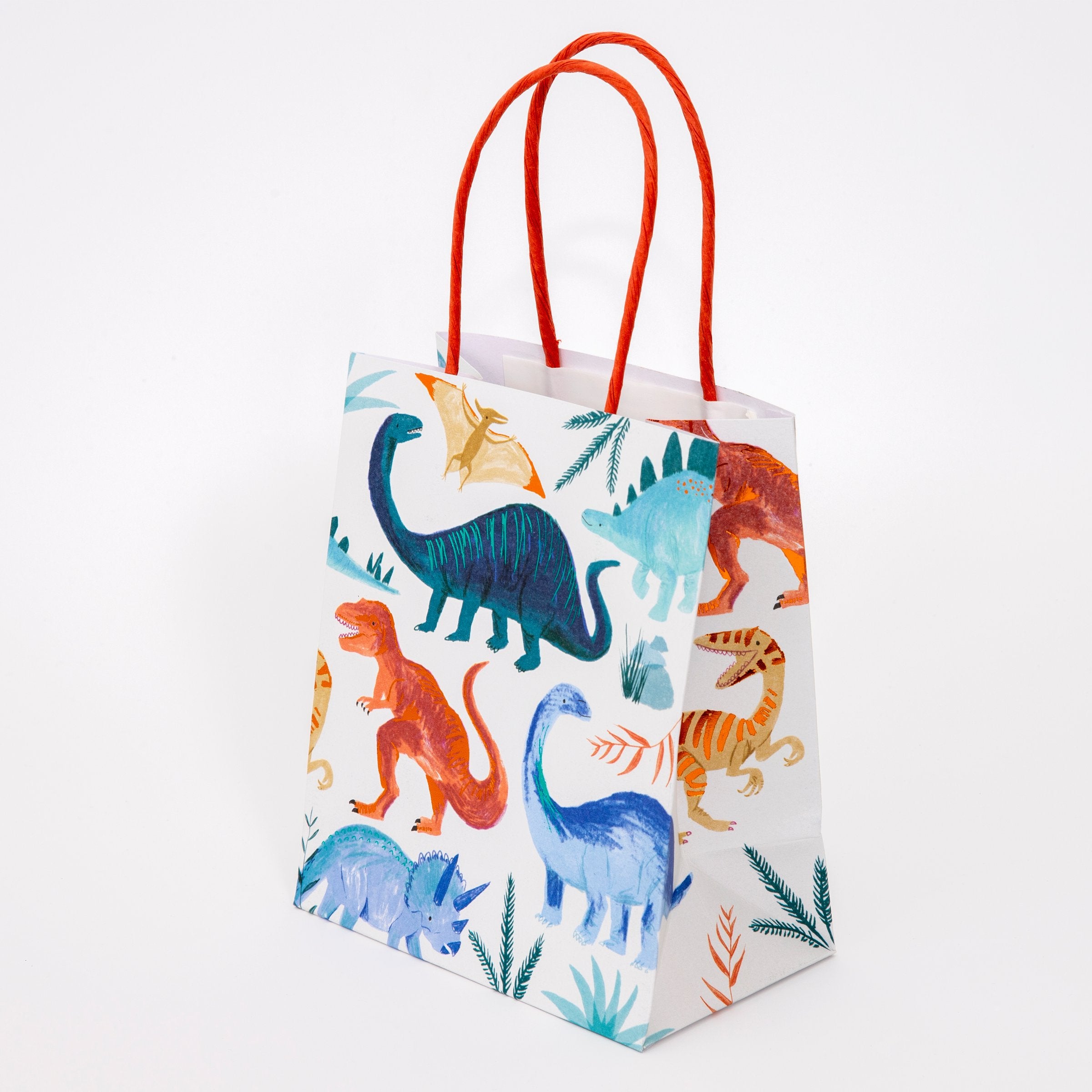 Our colourful dinosaur goodie bags, with a twisted paper handle, look amazing.