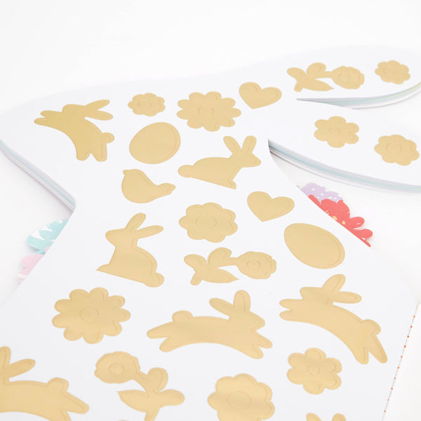 This bunny sticker books has 38 pages in total, with 32 coloured pages, and 6 pages of springtime stickers and alphabet letters. Image2