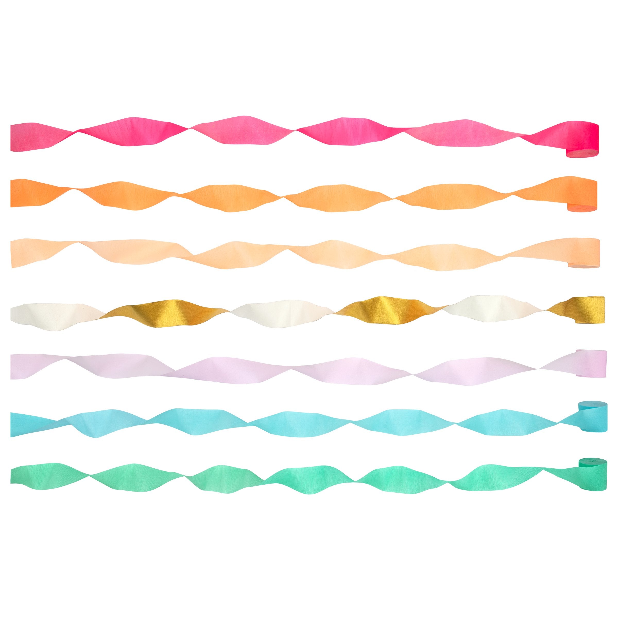 Our streamers are crafted from crepe paper in neon and gold, perfect for paper party decorations.