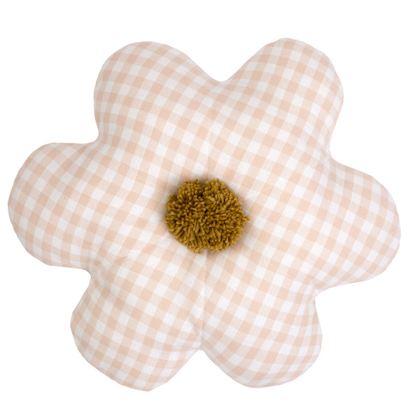 This decorative gingham print cushion is crafted in the shape of a daisy with a fun pompom centre. Image1