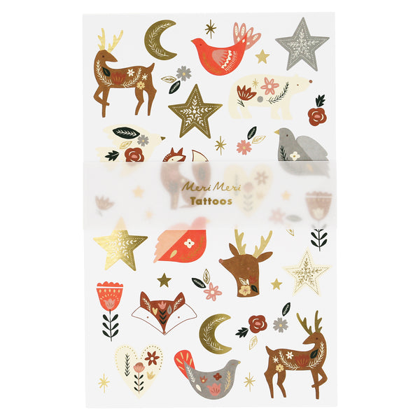 These fabulous kids temporary tattoos feature charming designs of animals, flowers, stars and moons, with gold foil details.