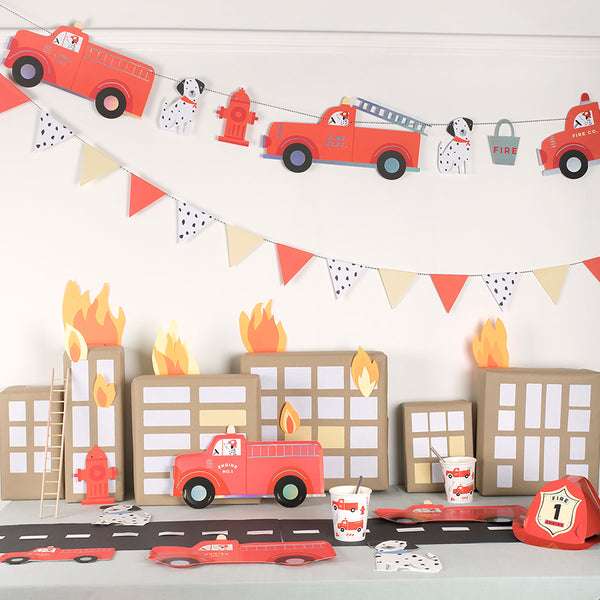If you're holding a fireman party our bright red paper garland, with fire trucks, is a great boys birthday party decoration. Image2