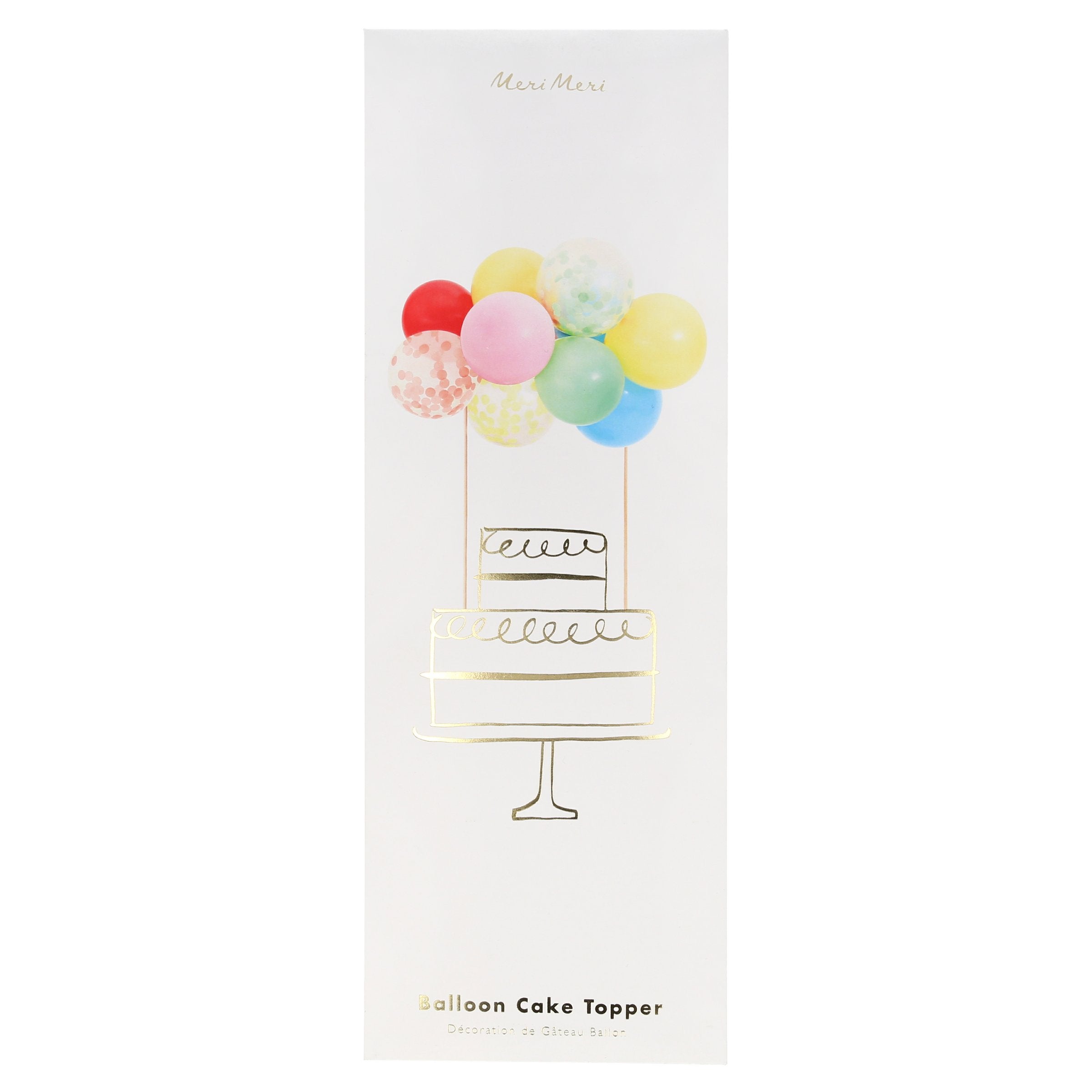 This cake topper kit includes bright balloons, confetti balloons, 2 wooden skewers, a balloon strip and an instruction sheet.
