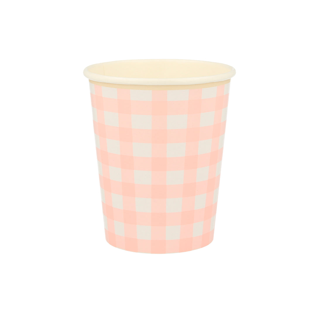 Our paper cups, with a classic gingham print, are perfect as picnic cups.