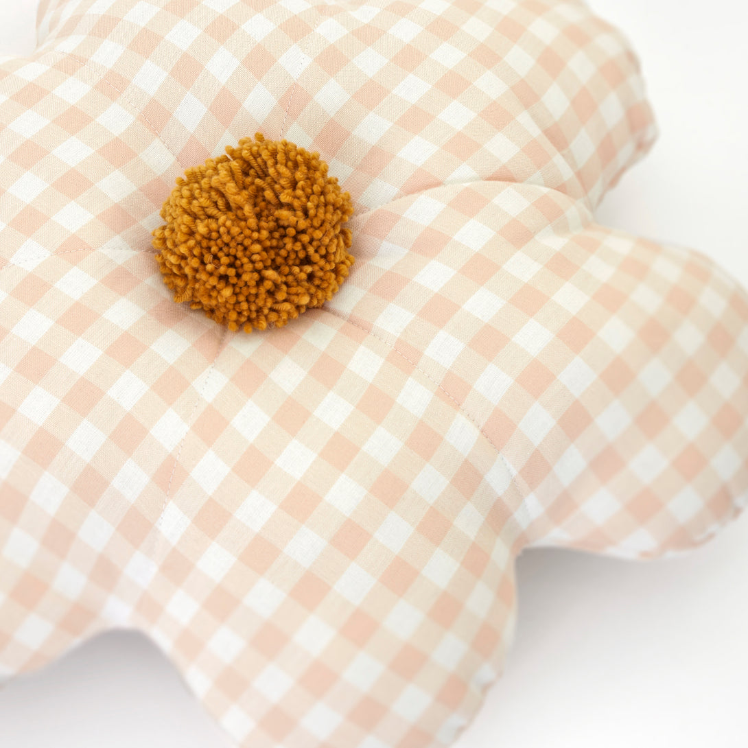 This decorative gingham print cushion is crafted in the shape of a daisy with a fun pompom centre. Image3
