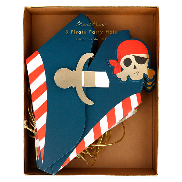 Our pirate hats, with skulls and crossbones and swords, are really special party hats for a pirate party. Image1