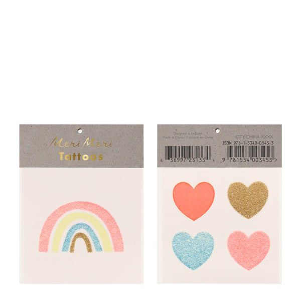 These heart and rainbow tattoos have bright neon print and shiny glitter details.