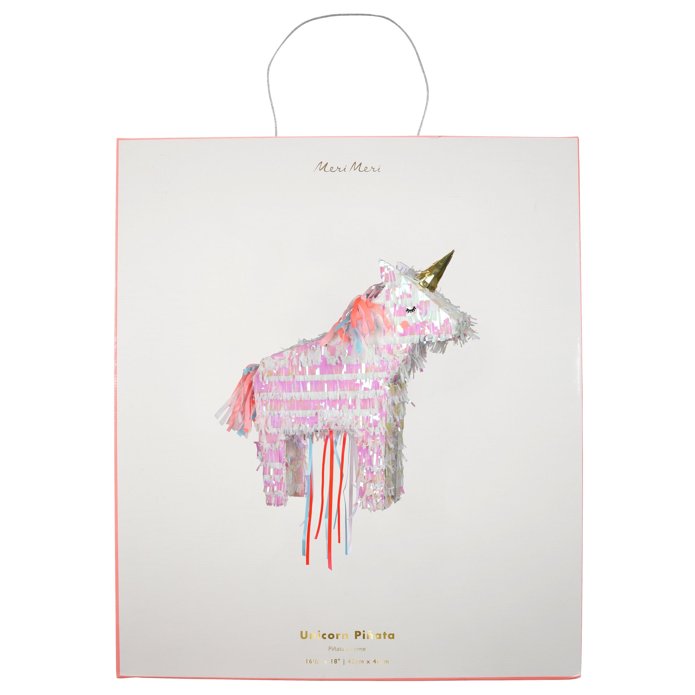 This unicorn pinata is crafted with iridescent and gold foil detail, and lots of bright ribbons.