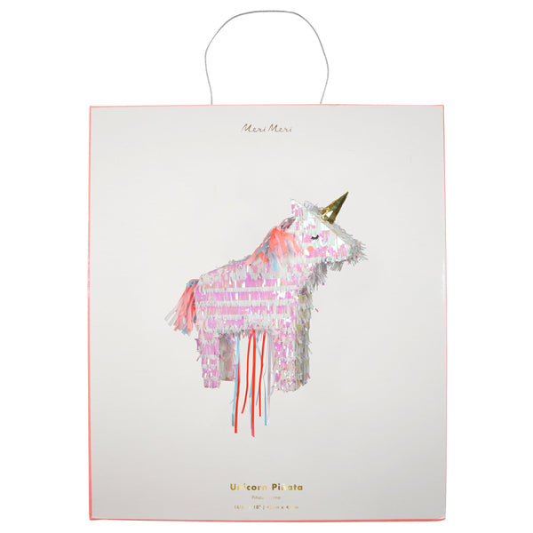 This unicorn pinata is crafted with iridescent and gold foil detail, and lots of bright ribbons. Image2