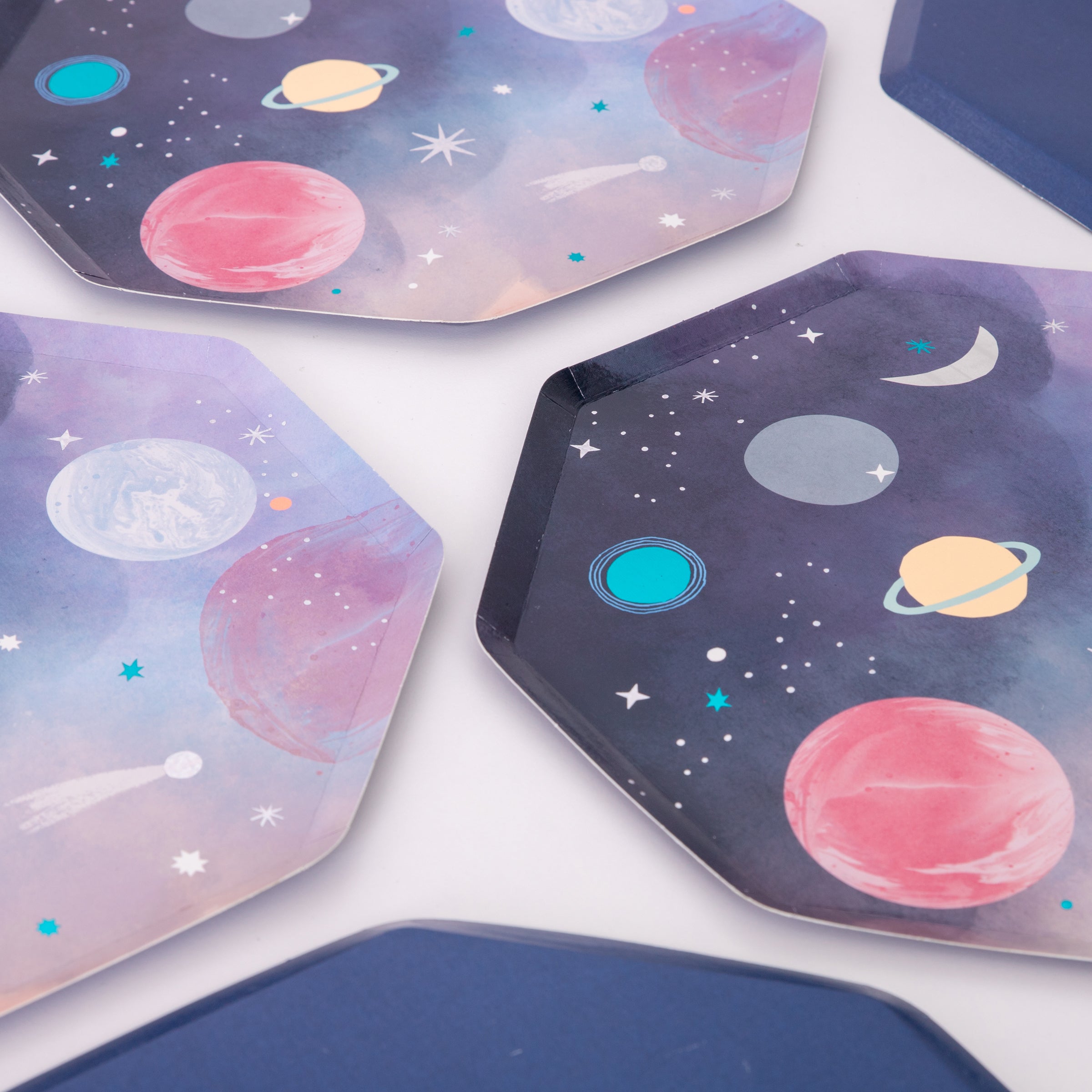 Our paper plates feature brightly coloured planets and stars for an out-of-this world astronaut party.