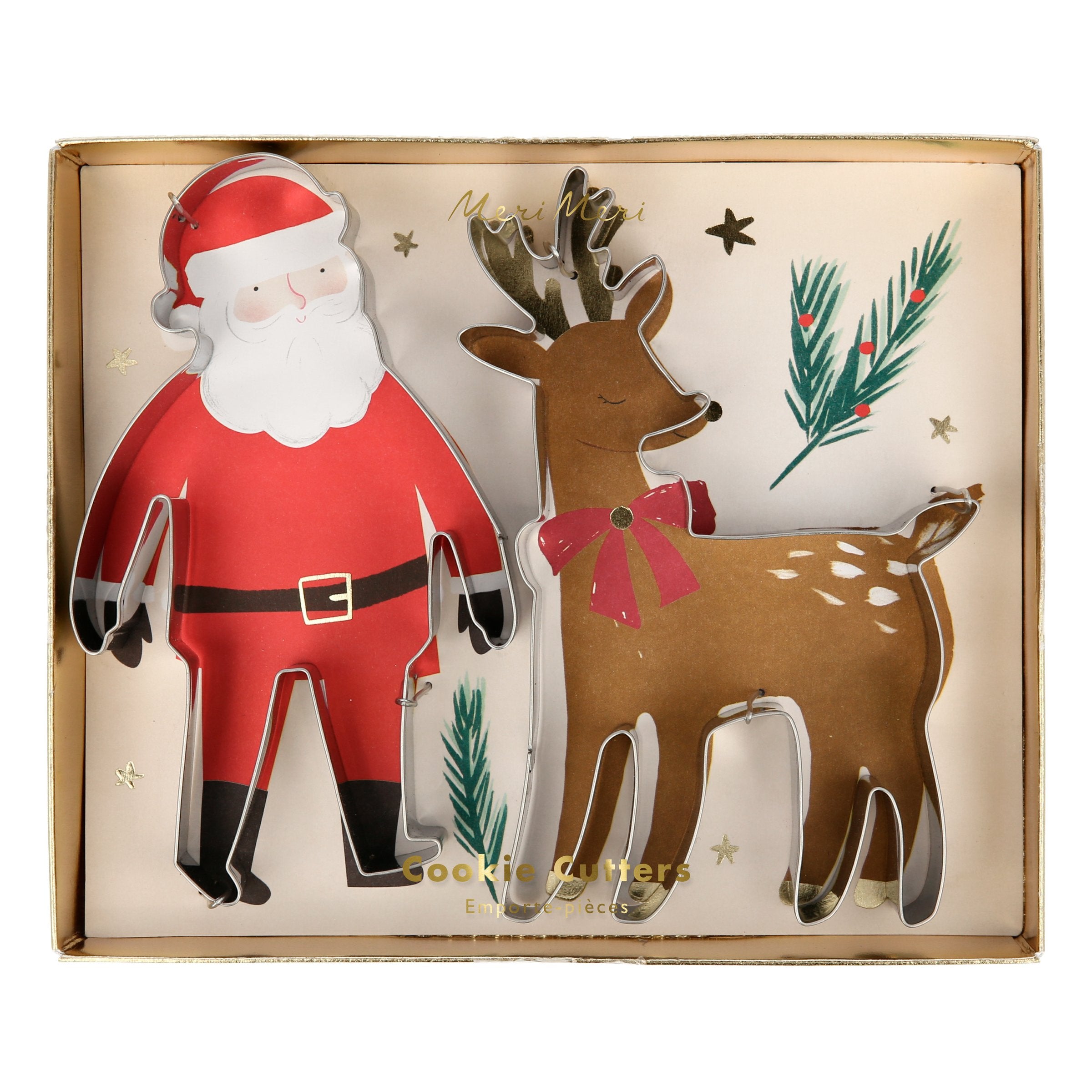 These Santa and reindeer cookie cutters are crafted from stainless steel.