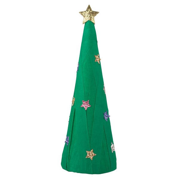 This surprise ball, in the shape of a Christmas tree, contains a necklace, gold party hat, temporary tattoos for kids and stickers for kids.