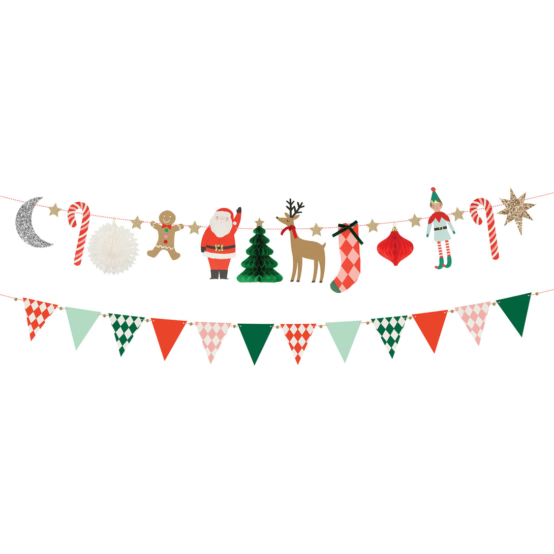 Our party garland, featuring Christmas characters, jingle bells and colourful flags, is the perfect glitter garland.