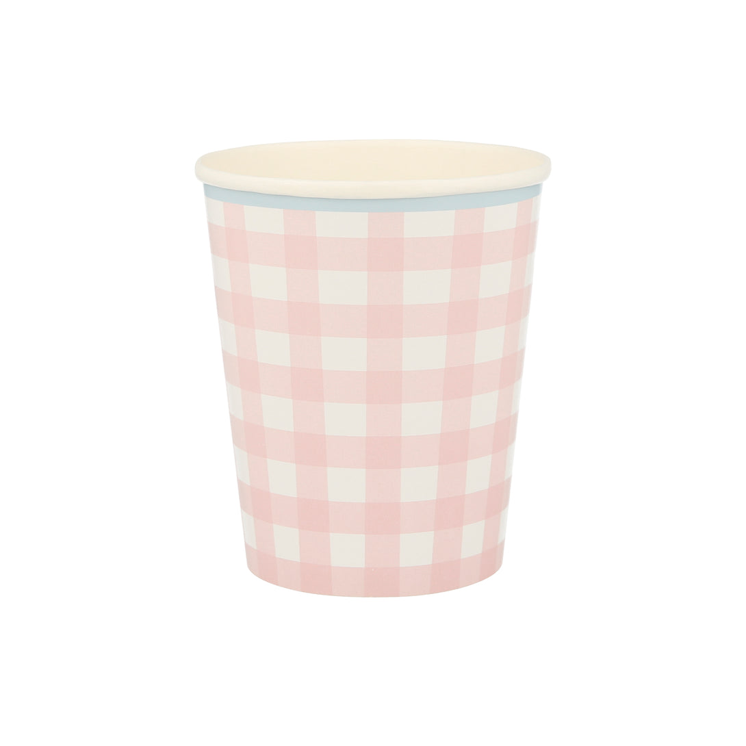 Our paper cups, with a classic gingham print, are perfect as picnic cups.