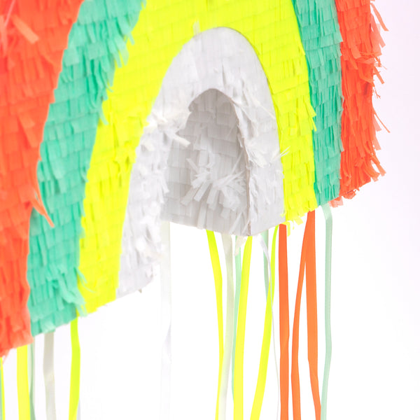 This rainbow pinata is beautifully decorated with colourful stripes and hanging ribbons. Image3