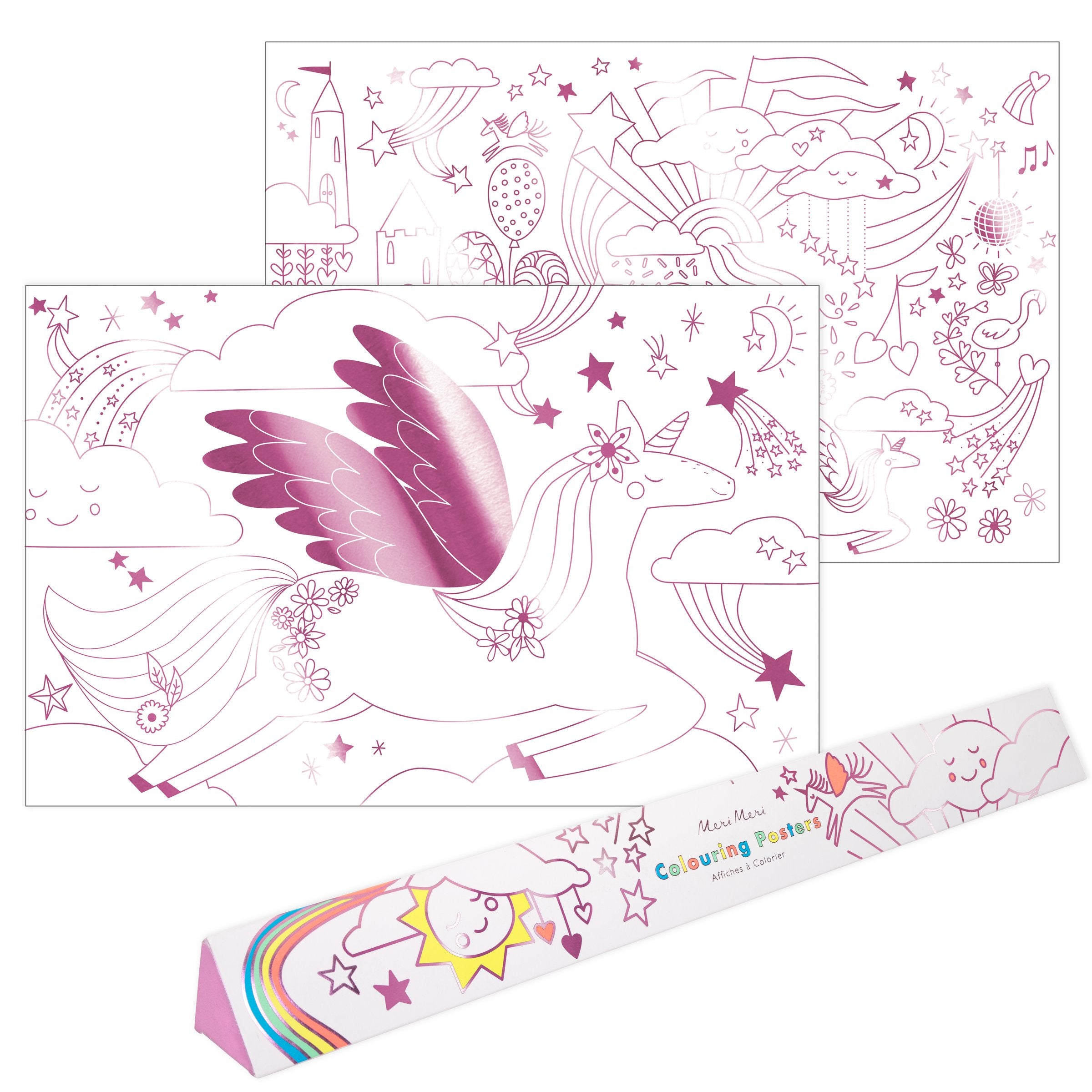 The pink foil illustrations of unicorns in a happy world are fun to colour in.